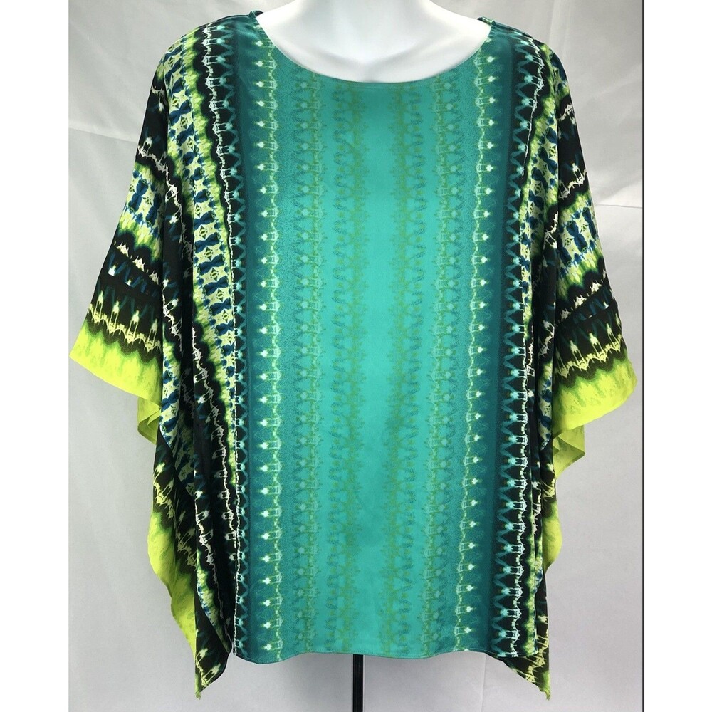 NWT Bob Mackie Caftan Top S Green/Yellow Tribal hi lo Boho Hippie festival artsy